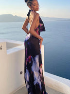 Oversized Floral Print Halter Neck Deep Plunge Column Maxi Dress