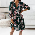 Floral Print Deep V-Neck Wrap Waist Lantern Sleeve Chiffon Midi Dress