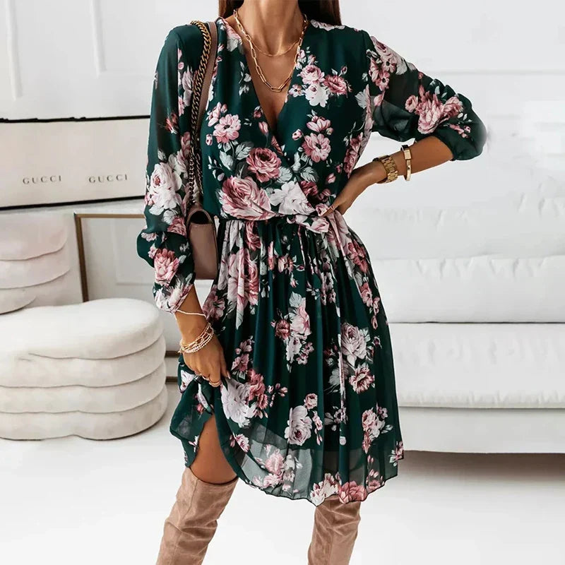 Floral Print Deep V-Neck Wrap Waist Lantern Sleeve Chiffon Midi Dress