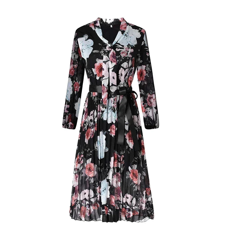 Floral Print Deep V-Neck Wrap Waist Lantern Sleeve Chiffon Midi Dress
