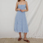 Floral Smocked Waist Tie Neck Spaghetti Strap Midi Dress