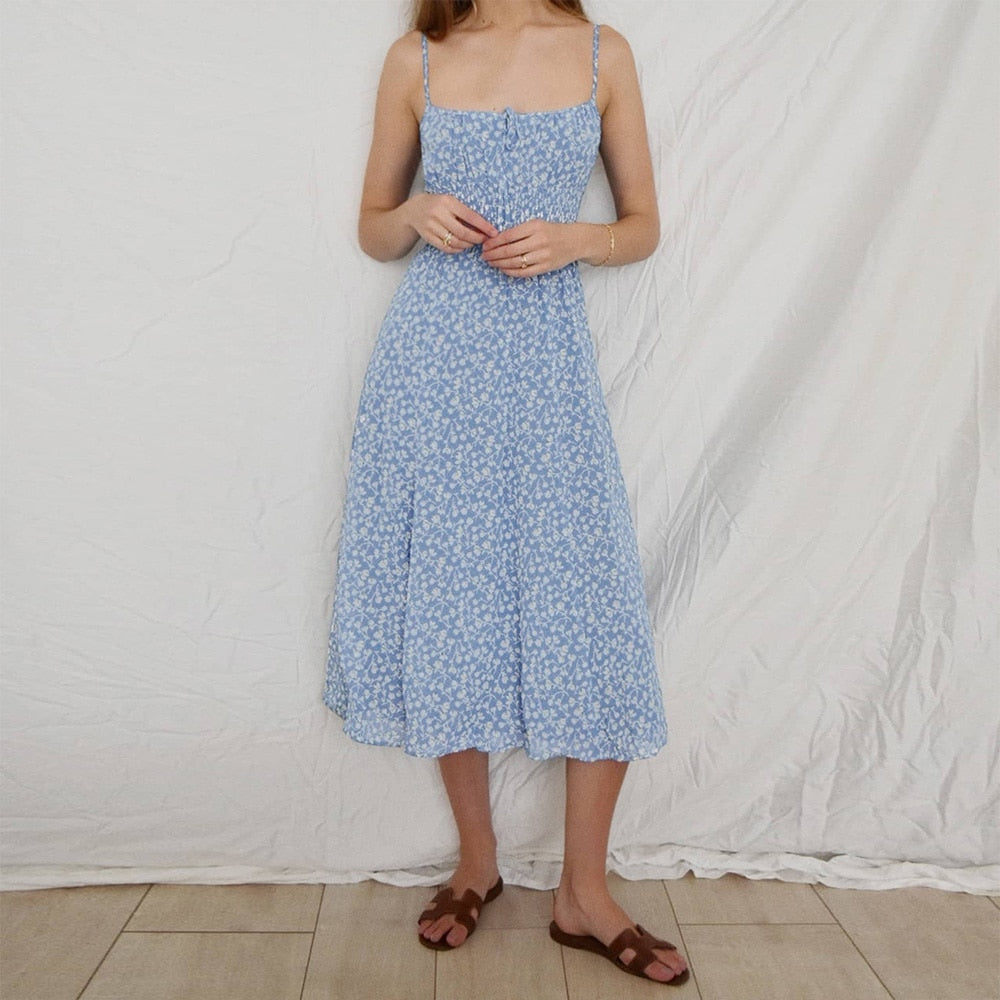 Floral Smocked Waist Tie Neck Spaghetti Strap Midi Dress