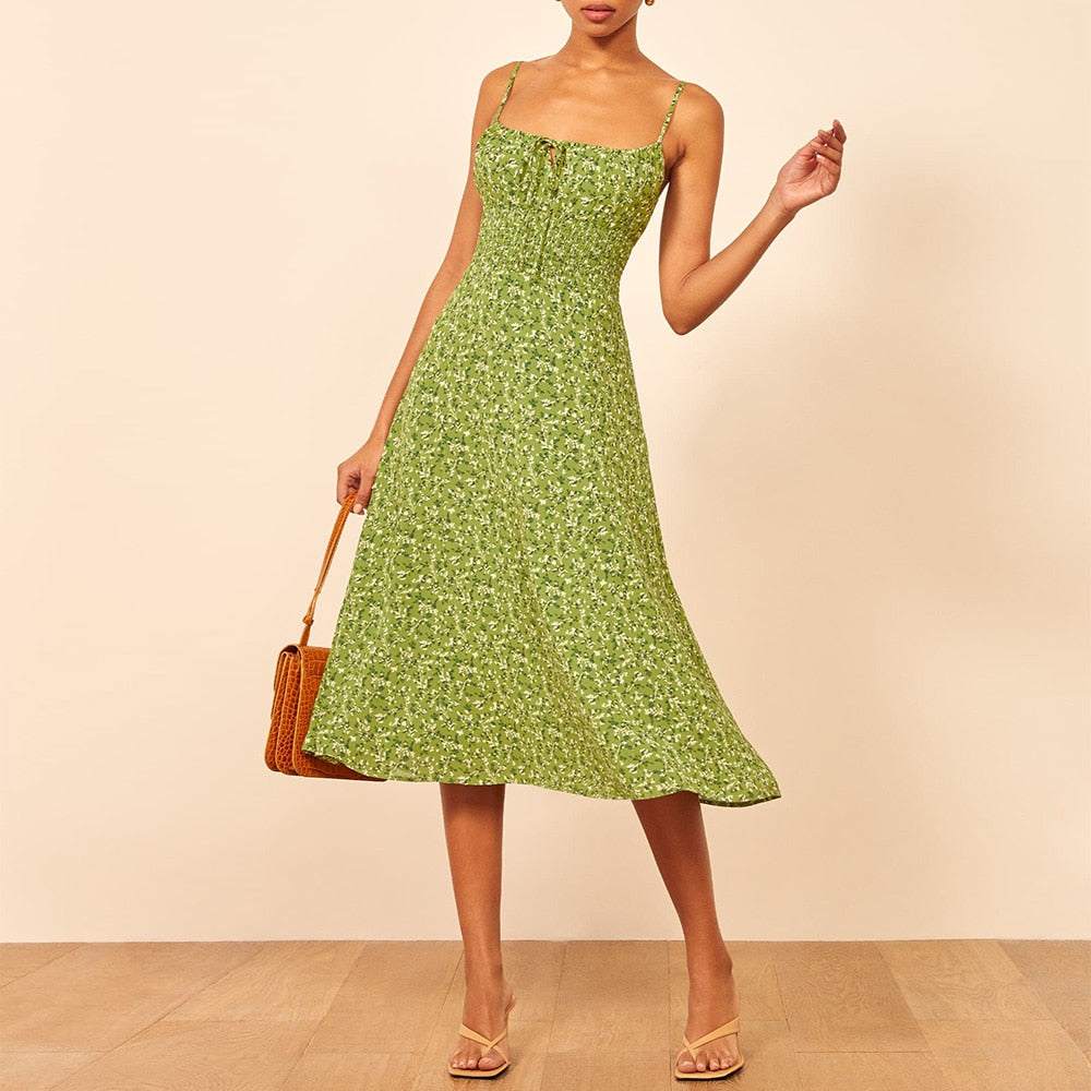 Floral Smocked Waist Tie Neck Spaghetti Strap Midi Dress