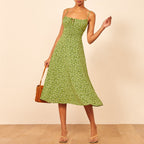 Floral Smocked Waist Tie Neck Spaghetti Strap Midi Dress