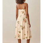 Floral Smocked Waist Tie Neck Spaghetti Strap Midi Dress