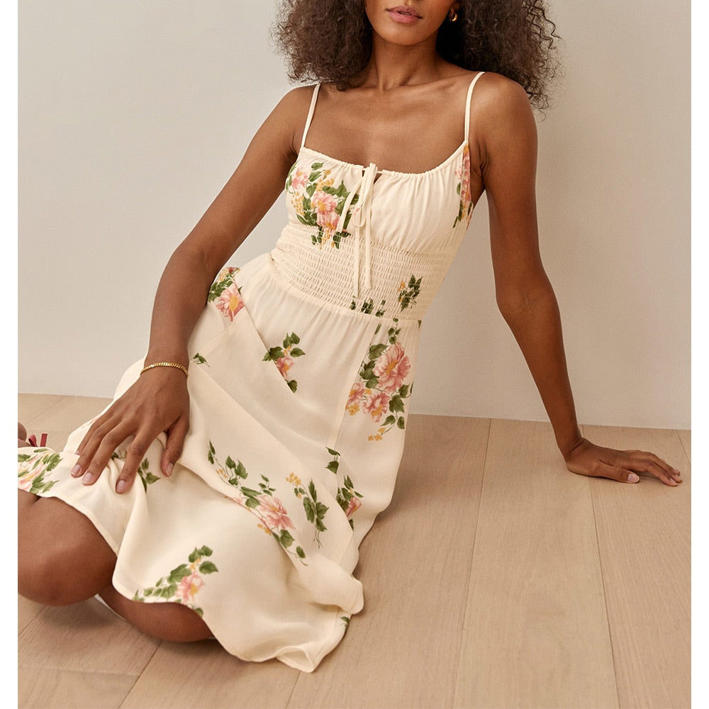 Floral Smocked Waist Tie Neck Spaghetti Strap Midi Dress