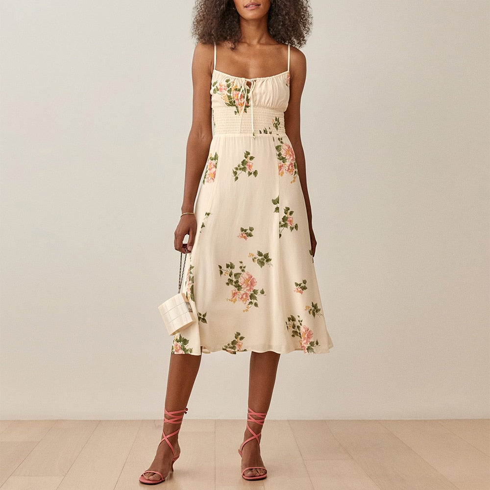 Floral Smocked Waist Tie Neck Spaghetti Strap Midi Dress