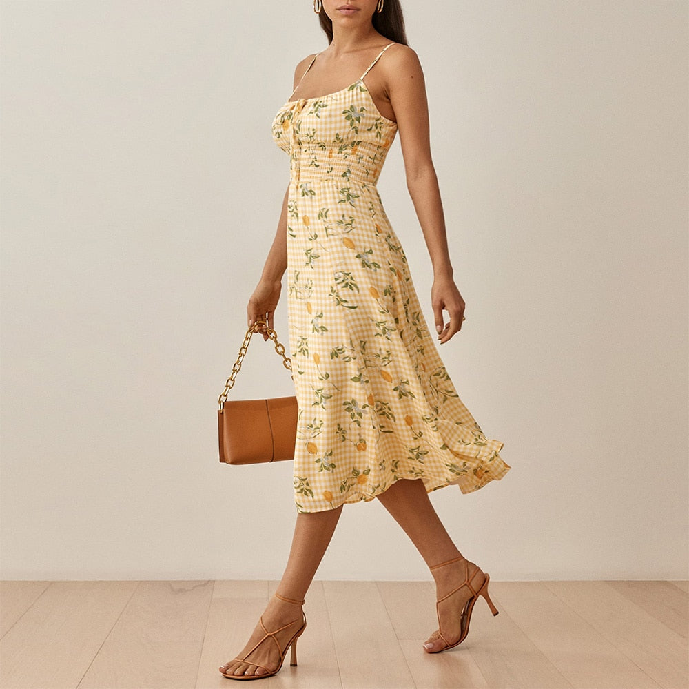 Floral Smocked Waist Tie Neck Spaghetti Strap Midi Dress