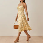 Floral Smocked Waist Tie Neck Spaghetti Strap Midi Dress