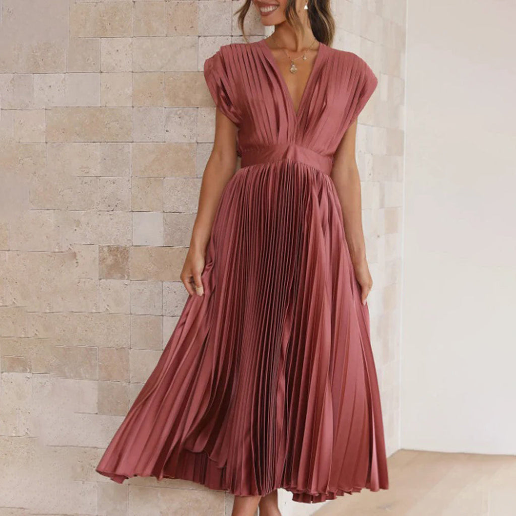 Metallic Sunray Pleated Deep V-Neck Wide Strap Midi Dress