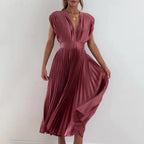Metallic Sunray Pleated Deep V-Neck Wide Strap Midi Dress