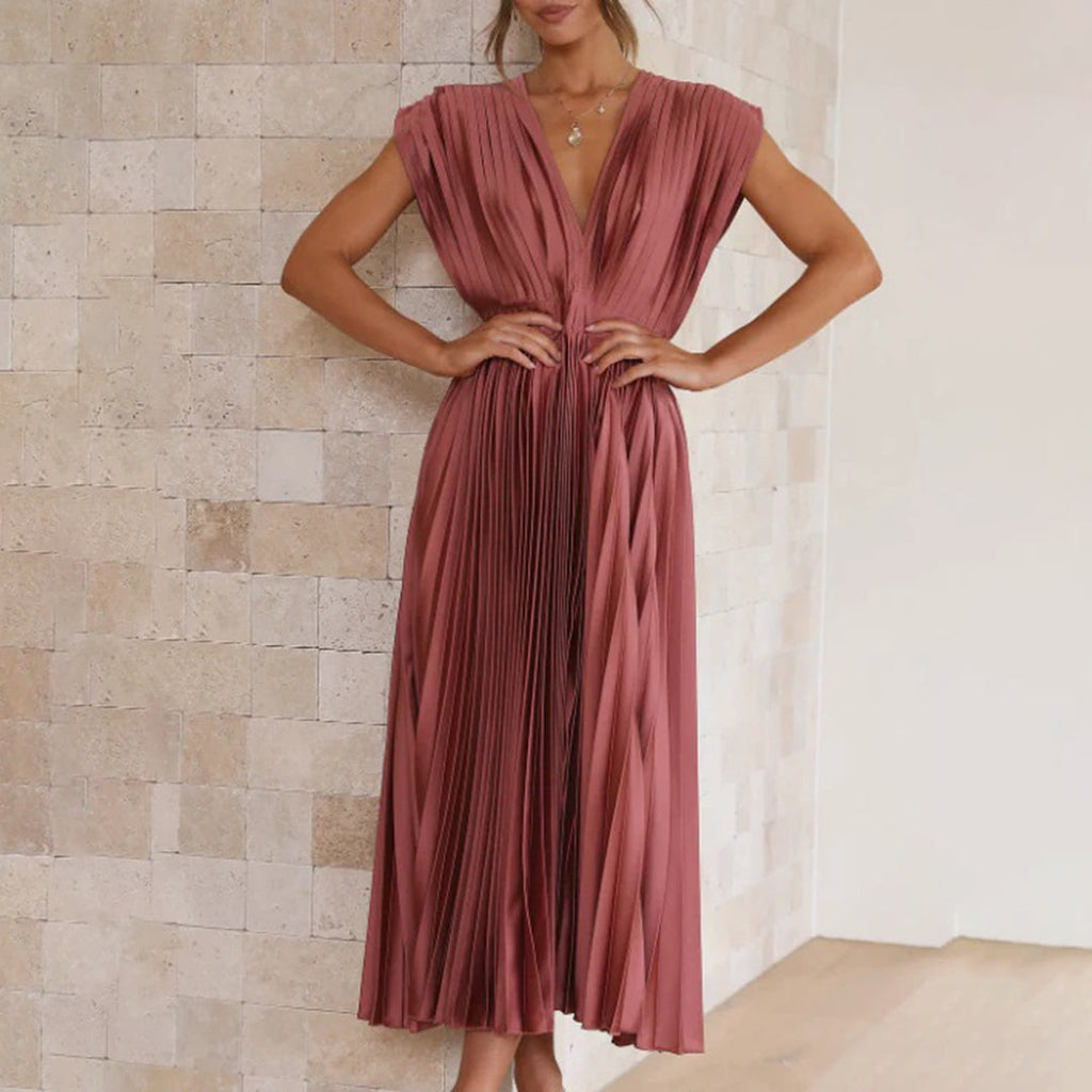 Metallic Sunray Pleated Deep V-Neck Wide Strap Midi Dress