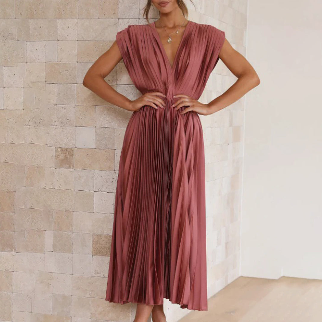 Metallic Sunray Pleated Deep V-Neck Wide Strap Midi Dress