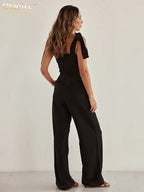 Black Cotton Slim Sleeveless Office Two Piece Set