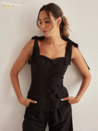 Black Cotton Slim Sleeveless Office Two Piece Set