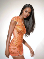 One Shoulder Mesh Beaded Honeycomb Embellished Bodycon Mini Dress