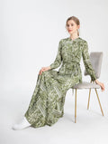 Paisley Print Long Sleeve Tie Waist Round Neck Maxi Dress