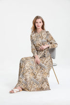 Paisley Print Long Sleeve Tie Waist Round Neck Maxi Dress