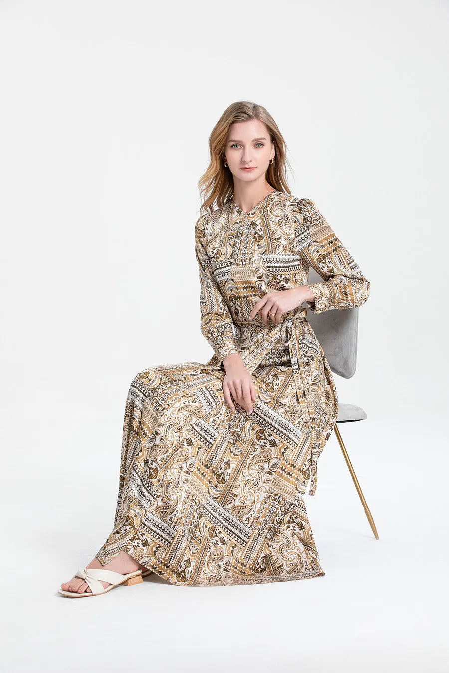 Paisley Print Long Sleeve Tie Waist Round Neck Maxi Dress
