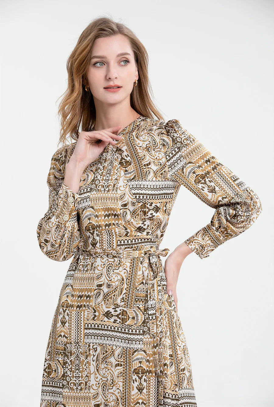 Paisley Print Long Sleeve Tie Waist Round Neck Maxi Dress