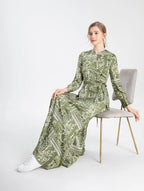 Paisley Print Long Sleeve Tie Waist Round Neck Maxi Dress
