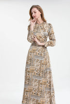 Paisley Print Long Sleeve Tie Waist Round Neck Maxi Dress