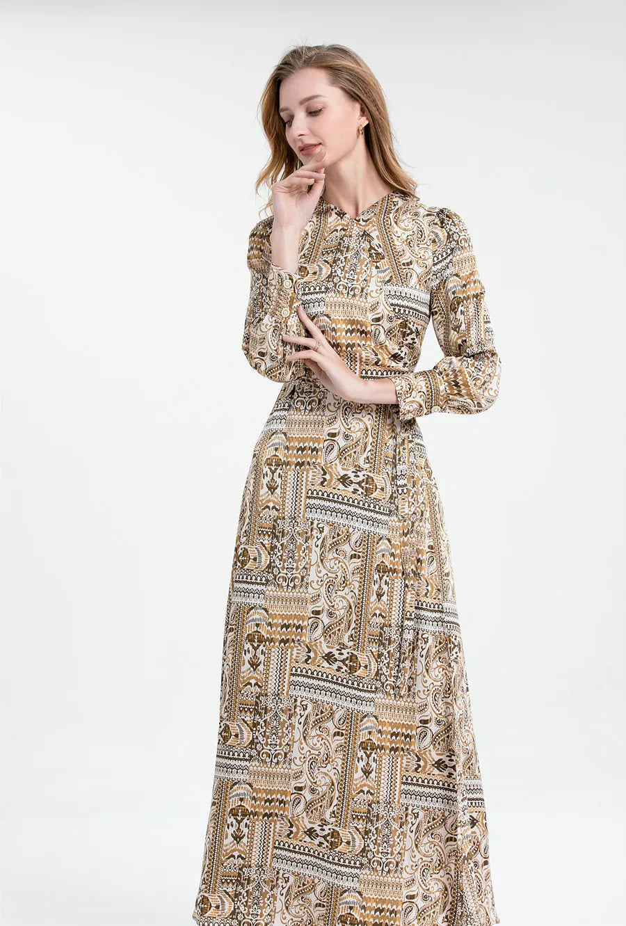 Paisley Print Long Sleeve Tie Waist Round Neck Maxi Dress