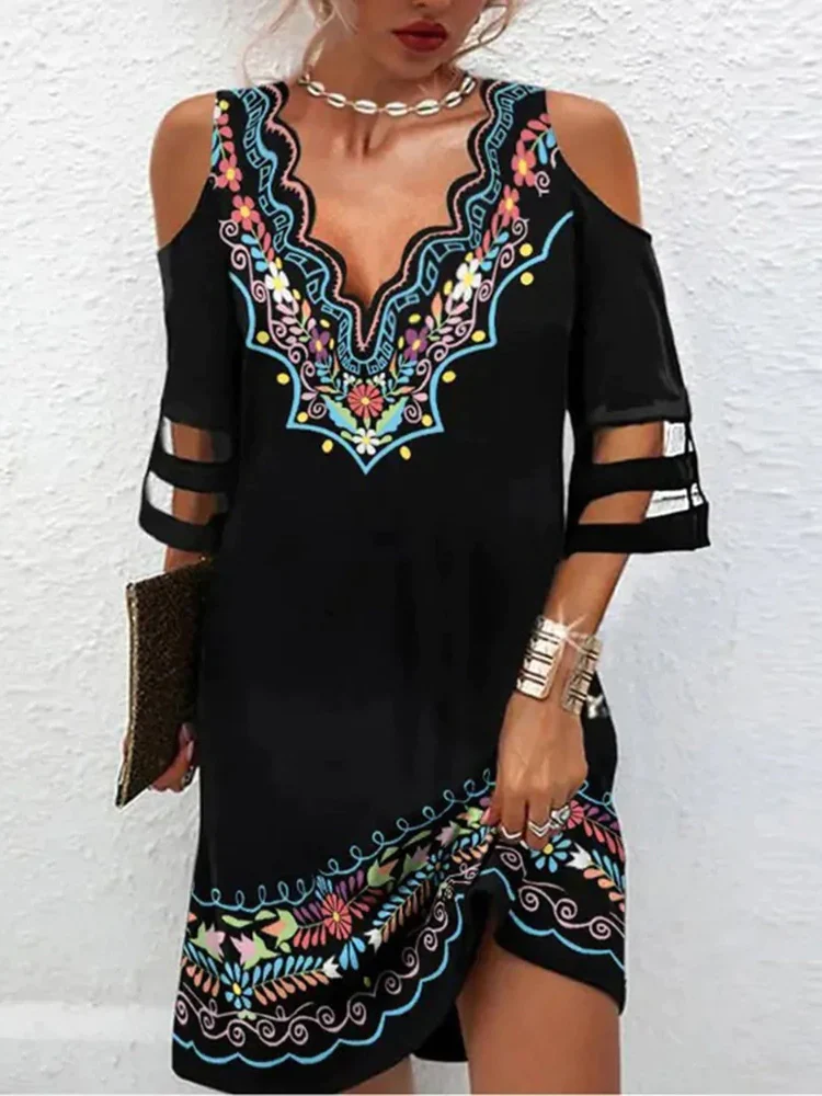Ethnic Print Cold Shoulder V-Neck Cut Out Sleeve Mini Dress