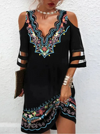 Ethnic Print Cold Shoulder V-Neck Cut Out Sleeve Mini Dress