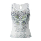 DressBetty - Slim Knitted Vest White Sleeveless O Neck Butterfly Vintage Print Tank Crop Tops