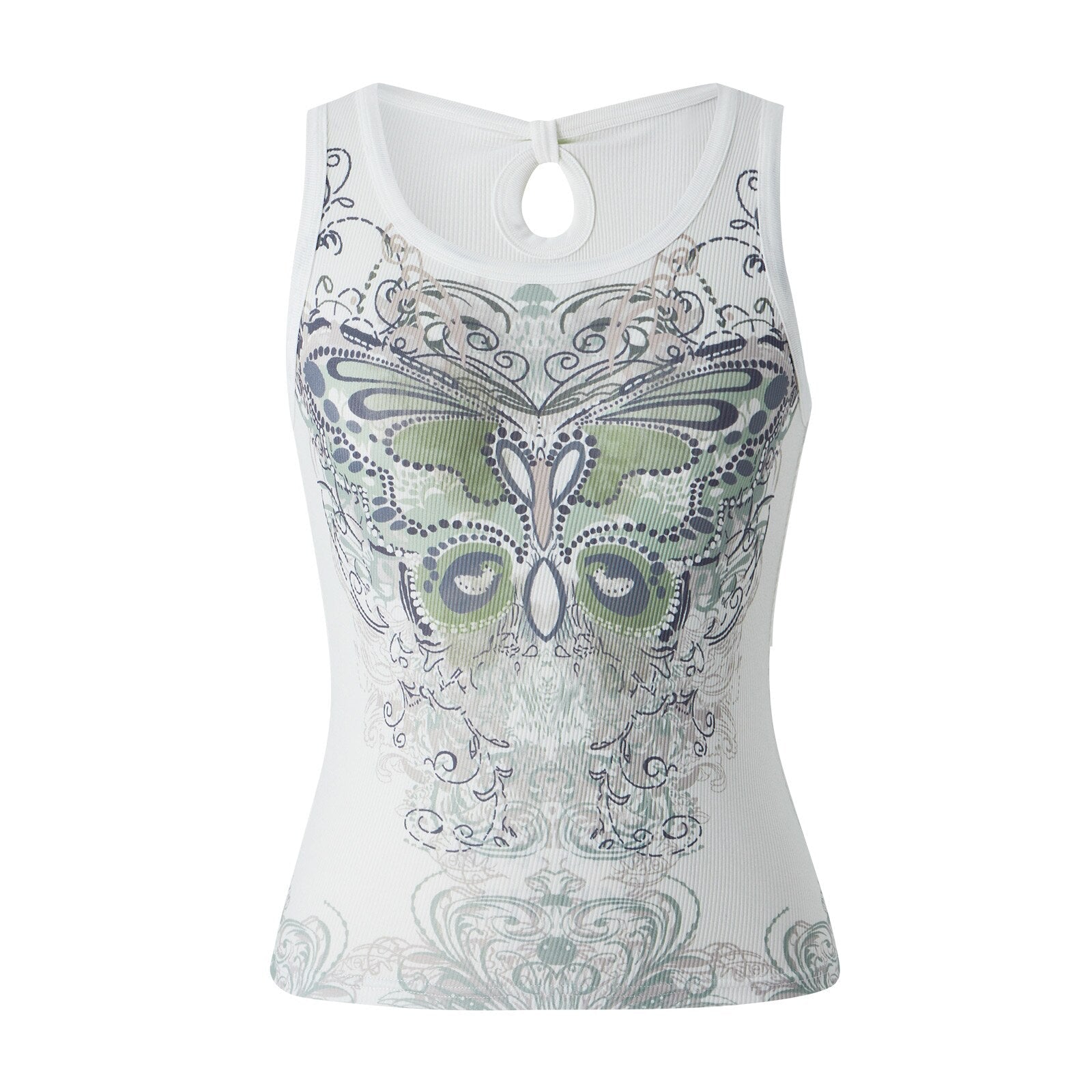 DressBetty - Slim Knitted Vest White Sleeveless O Neck Butterfly Vintage Print Tank Crop Tops