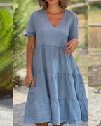 V-Neck Short Sleeve Tiered Smock Midi Dress