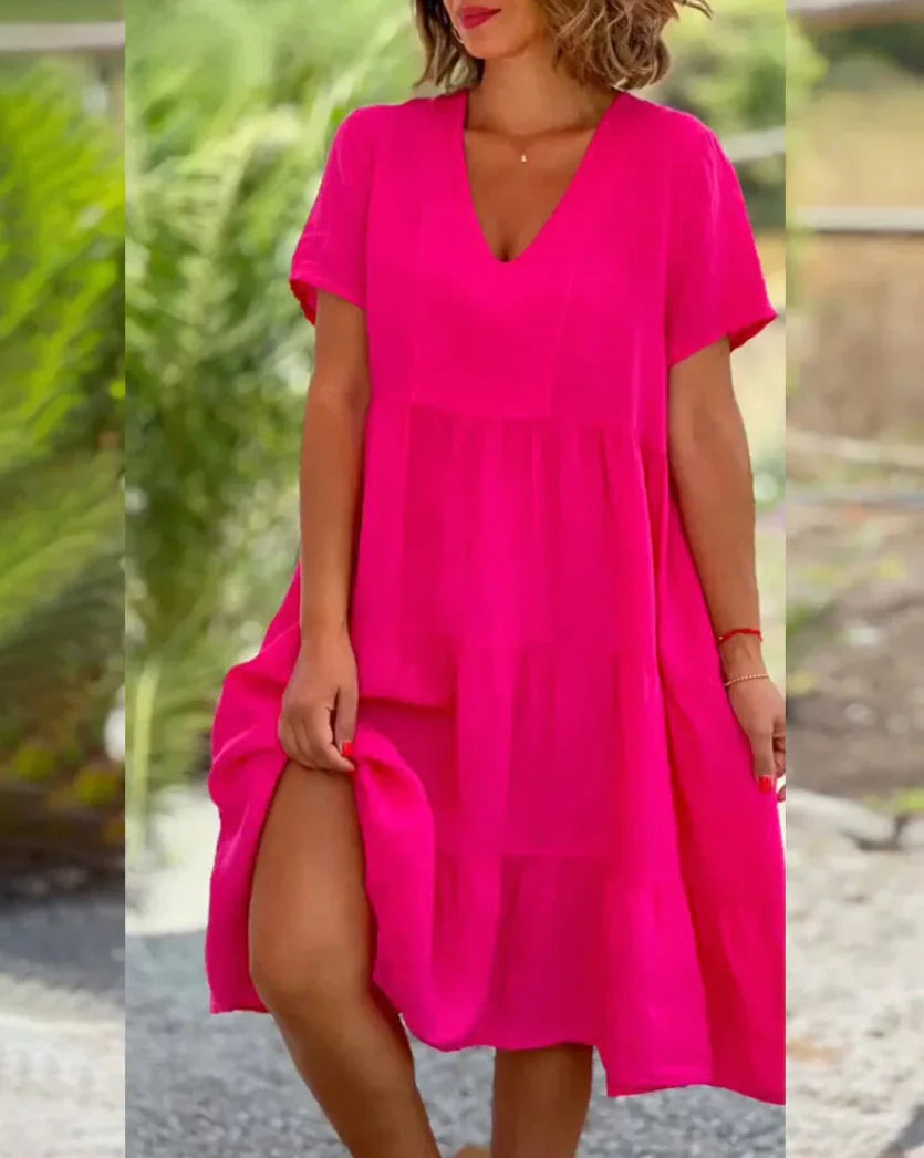 V-Neck Short Sleeve Tiered Smock Midi Dress