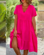 V-Neck Short Sleeve Tiered Smock Midi Dress