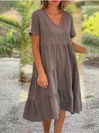 V-Neck Short Sleeve Tiered Smock Midi Dress