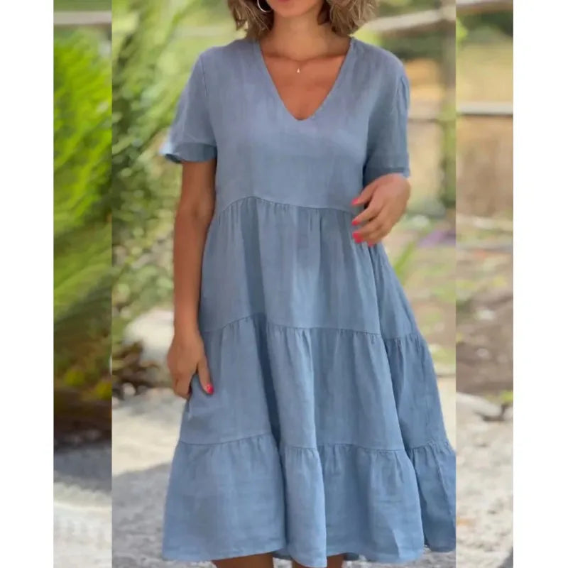 V-Neck Short Sleeve Tiered Swing Midi Dress