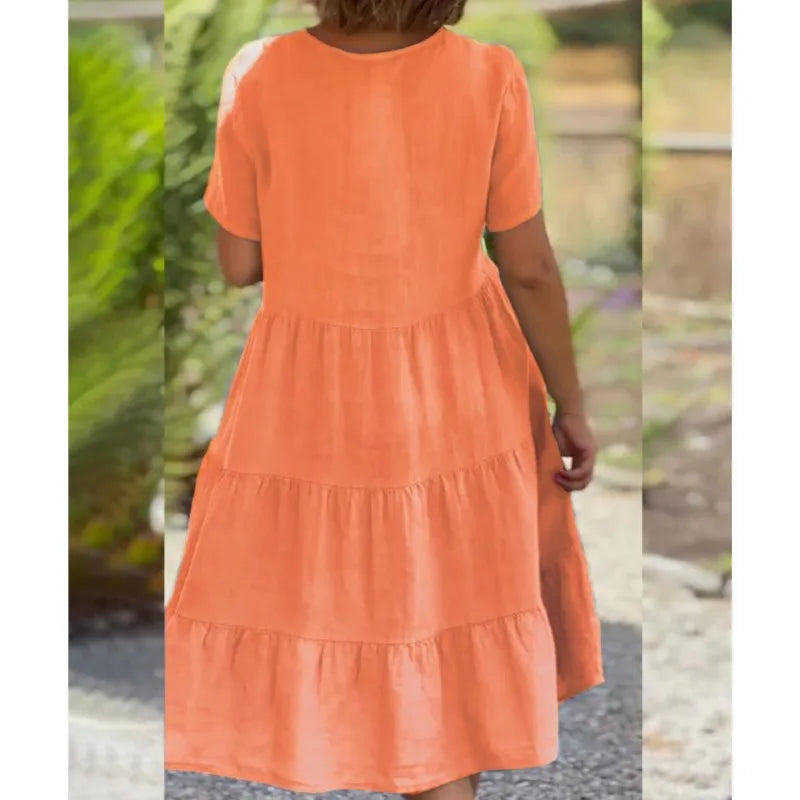 V-Neck Short Sleeve Tiered Smock Midi Dress