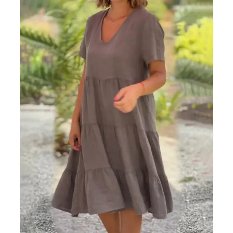 V-Neck Short Sleeve Tiered Swing Midi Dress
