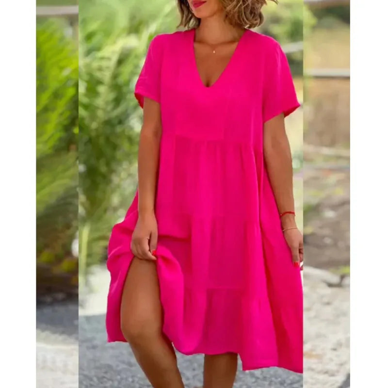 V-Neck Short Sleeve Tiered Smock Midi Dress