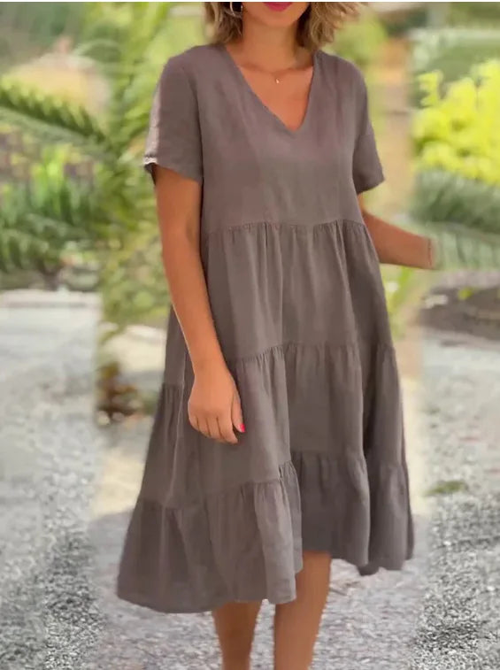 V-Neck Short Sleeve Tiered Swing Midi Dress
