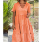 V-Neck Short Sleeve Tiered Smock Midi Dress