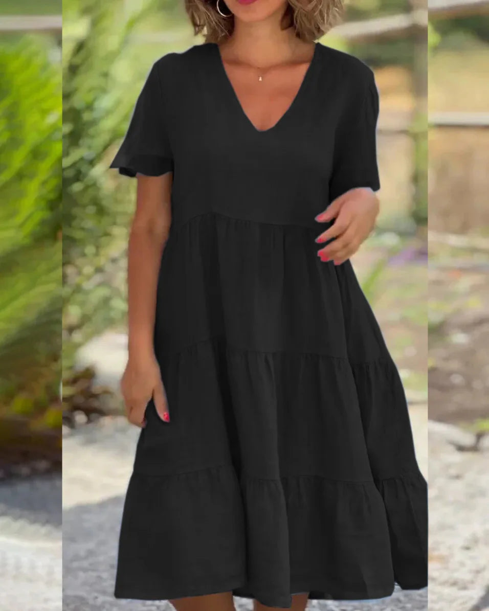 V-Neck Short Sleeve Tiered Smock Midi Dress