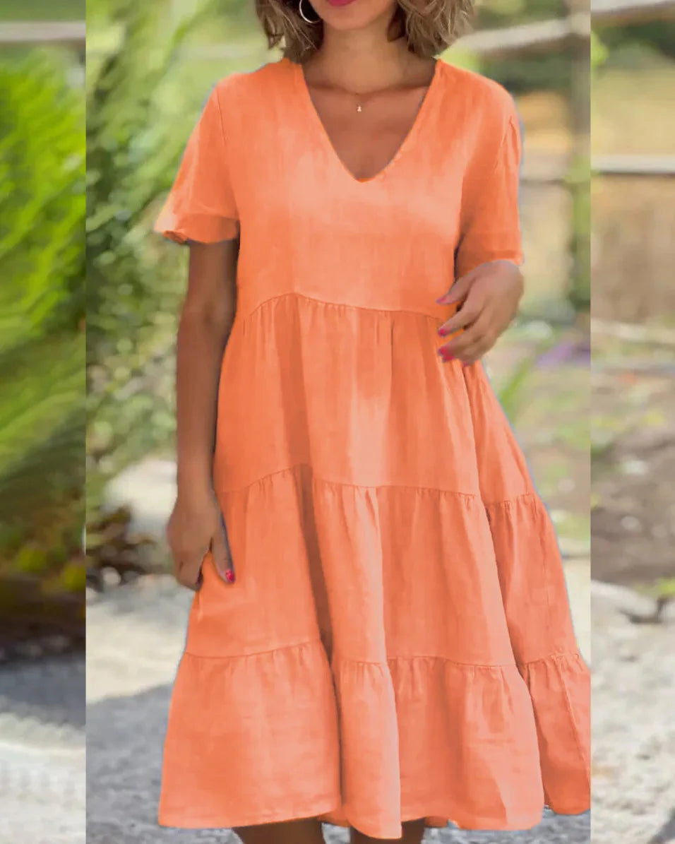 V-Neck Short Sleeve Tiered Smock Midi Dress