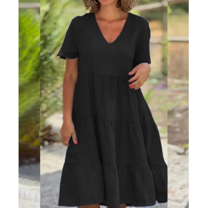 V-Neck Short Sleeve Tiered Smock Midi Dress