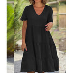 V-Neck Short Sleeve Tiered Smock Midi Dress