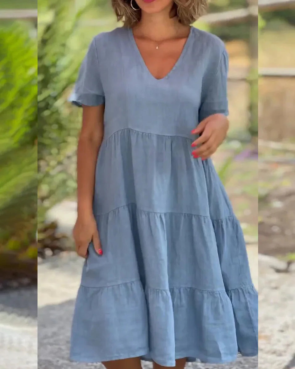 V-Neck Short Sleeve Tiered Swing Midi Dress