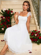 Contrast Lace Ruched Bust Square Neck Dress