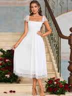 Contrast Lace Ruched Bust Square Neck Dress