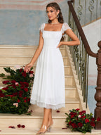 Contrast Lace Ruched Bust Square Neck Dress
