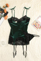 Blue Zone Planet | Contrast Lace Velvet Cutout Halter Neck Babydoll Set